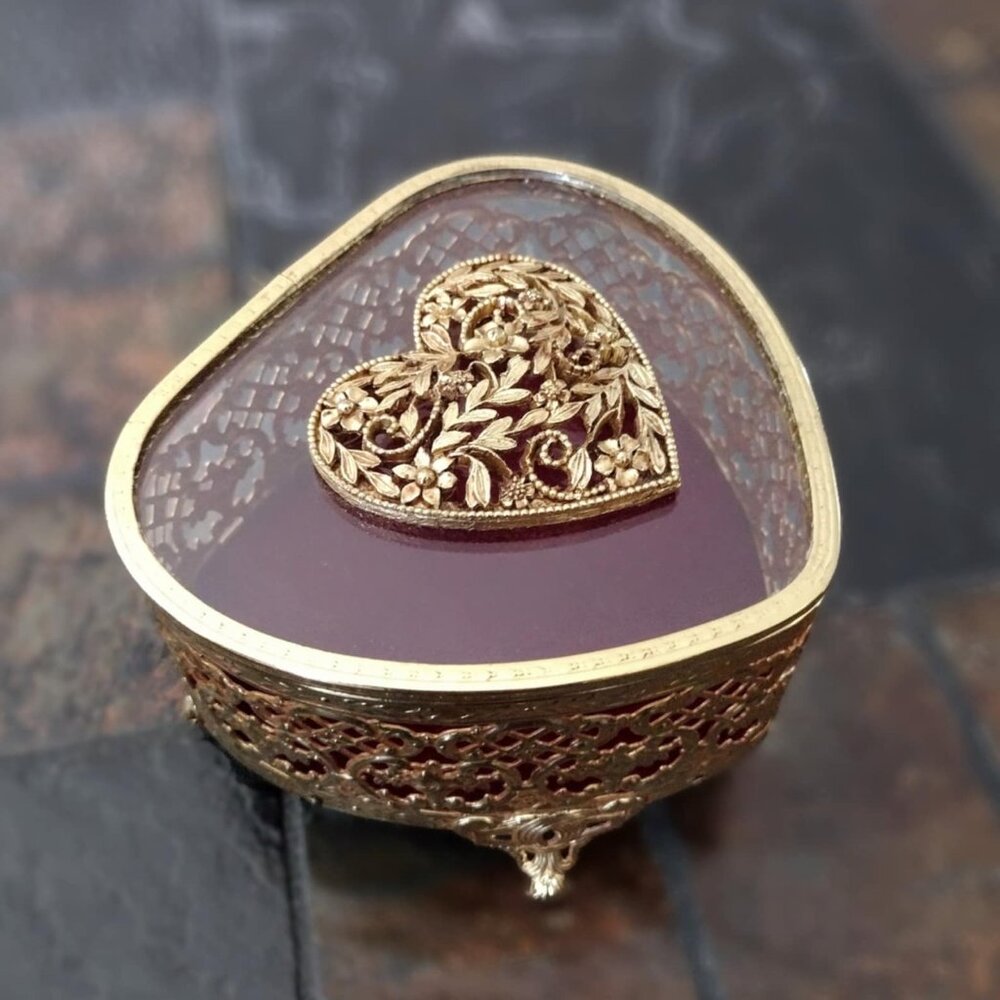 Vinted Gold Filigree Flower Heart Jewelry Trinket Box